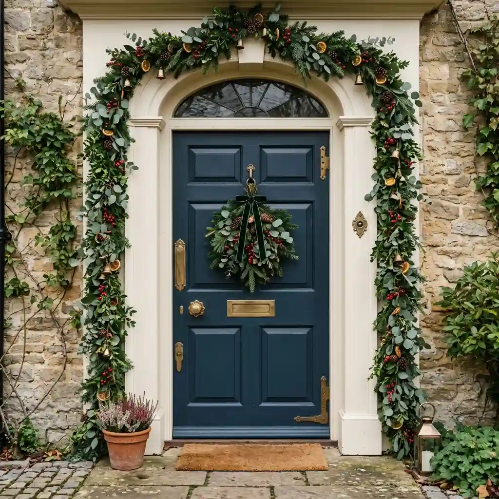 Front door showing four parts together: painted surface, brass metal, hung swag and a garlanded trim frame