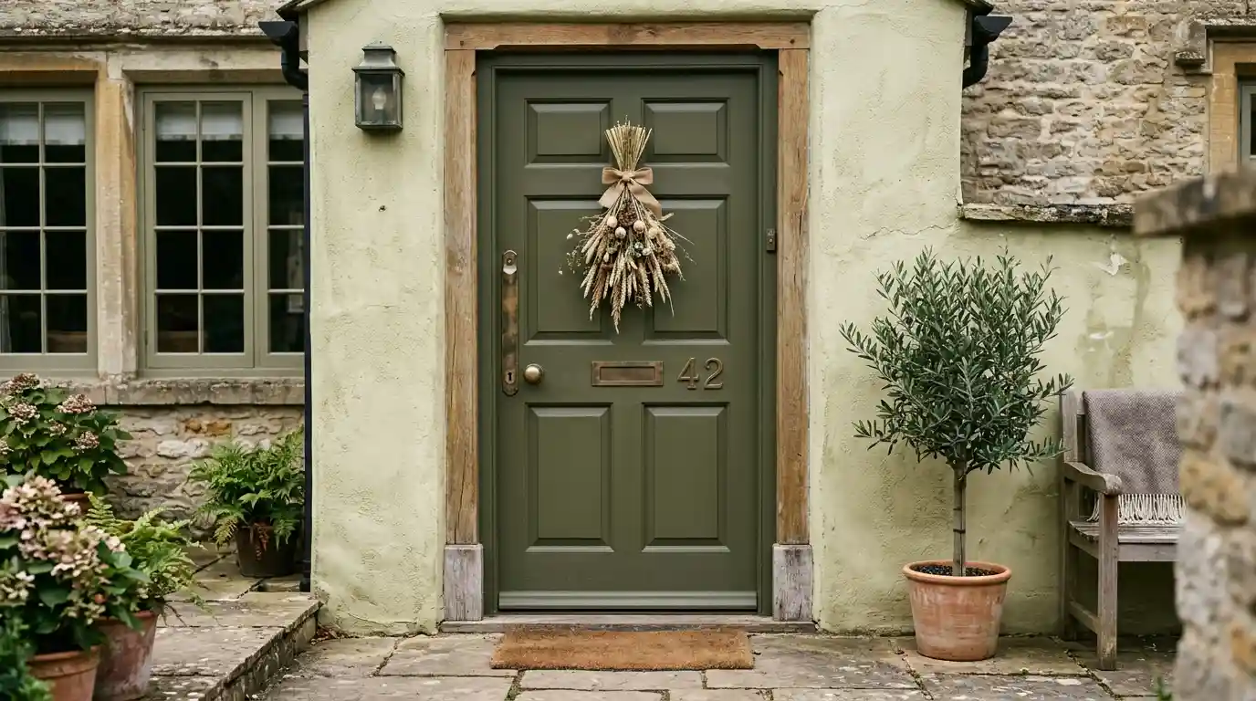 Deep olive front door with aged brass handleset, matching house numbers and a dried wheat swag hung at chest height