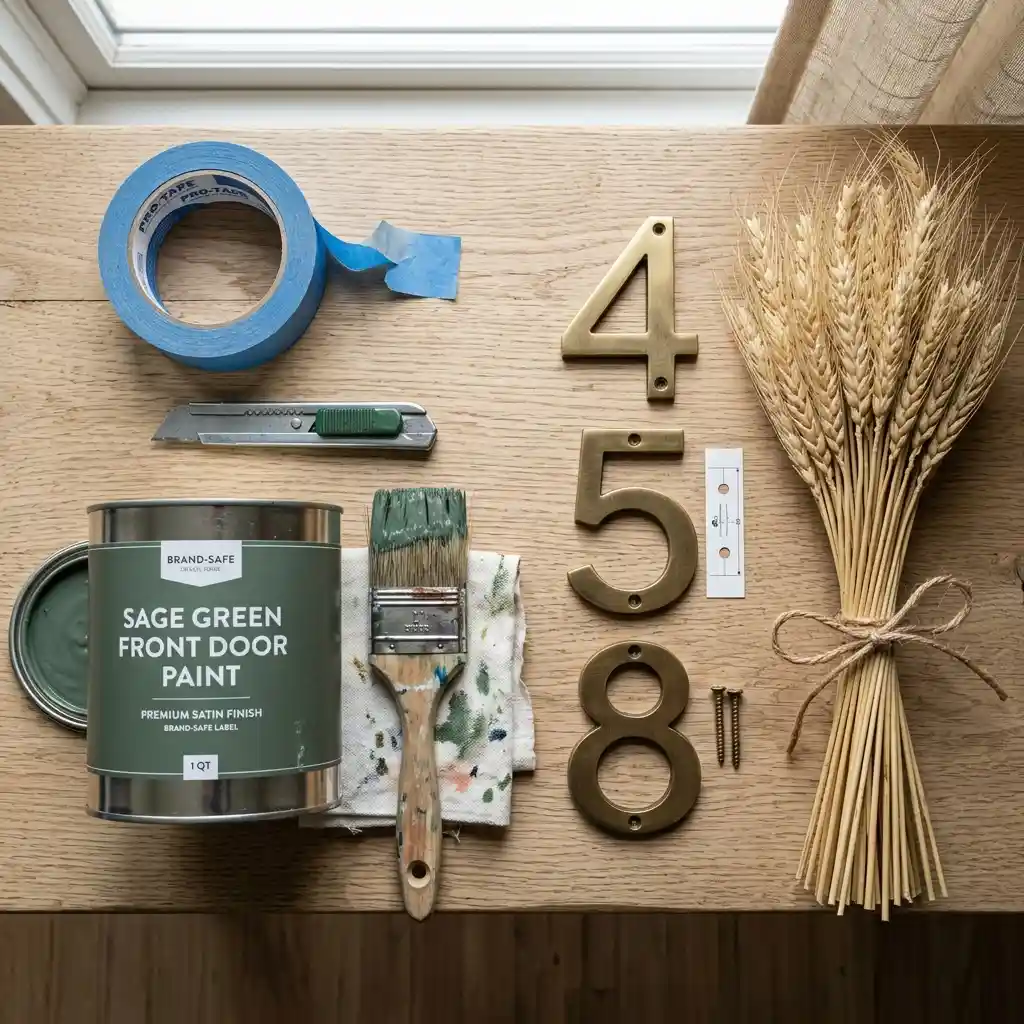 Front door refresh laid out in order with a paint tin, brass house numbers, painter's tape and a dried wheat bundle