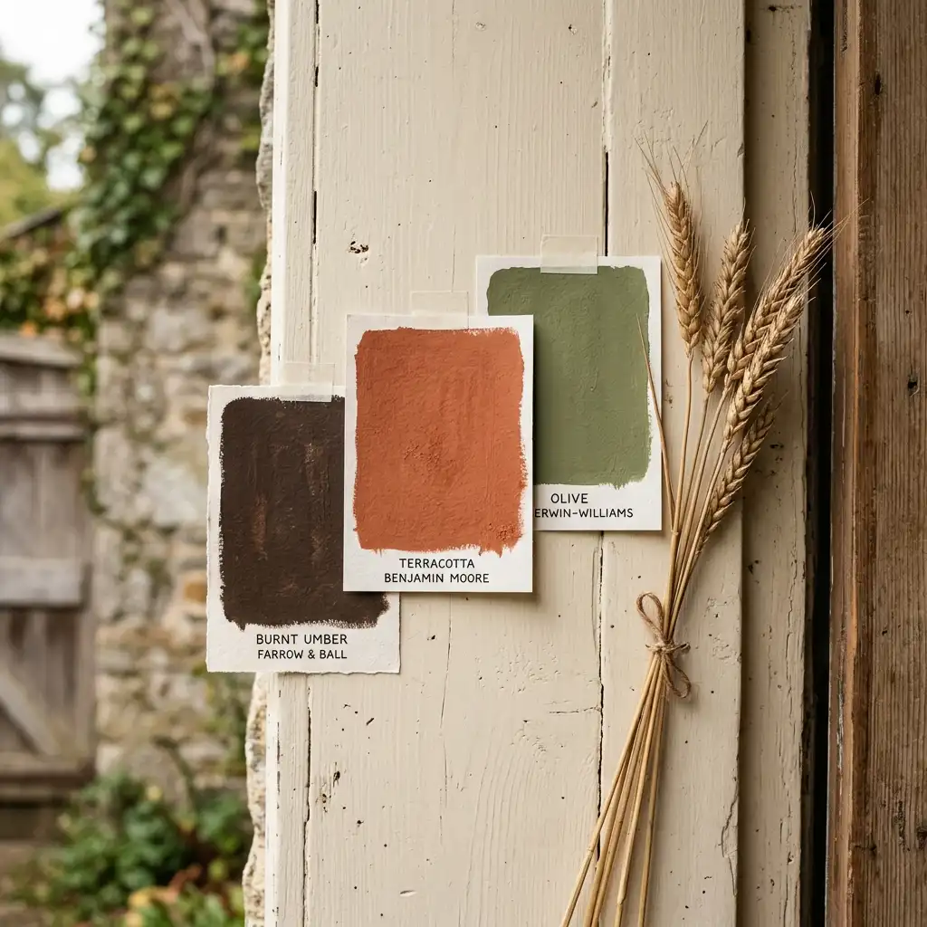 Faded beige door with a small high-hung wreath beside a repainted warm umber door with matched hardware