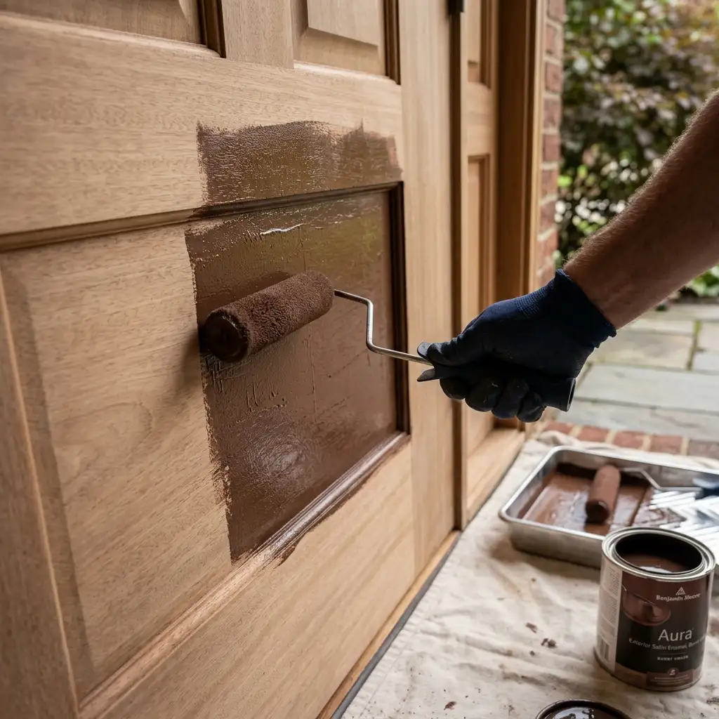 Hand rolling satin burnt umber exterior enamel onto a clean, sanded front door panel in shade
