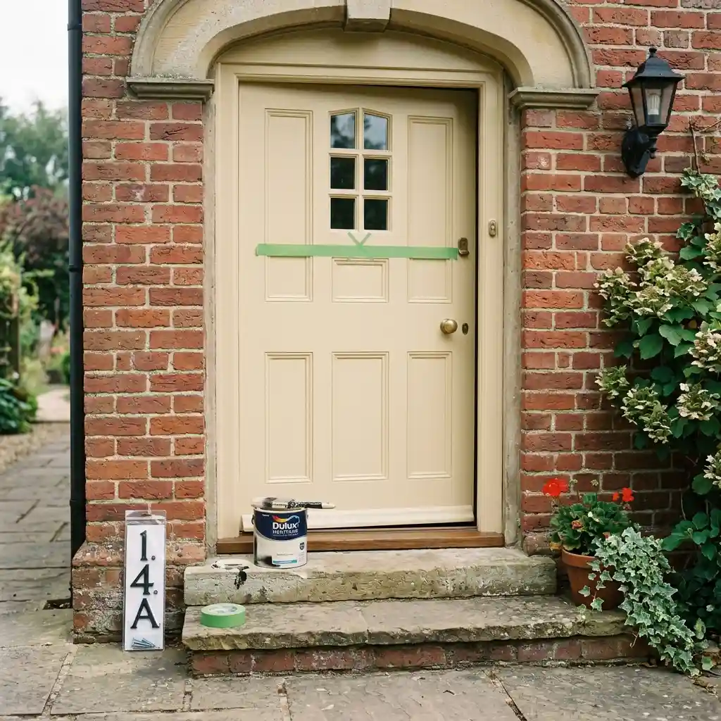 Burnt umber, terracotta and olive exterior paint swatches laid against a cream door frame with dried wheat stems