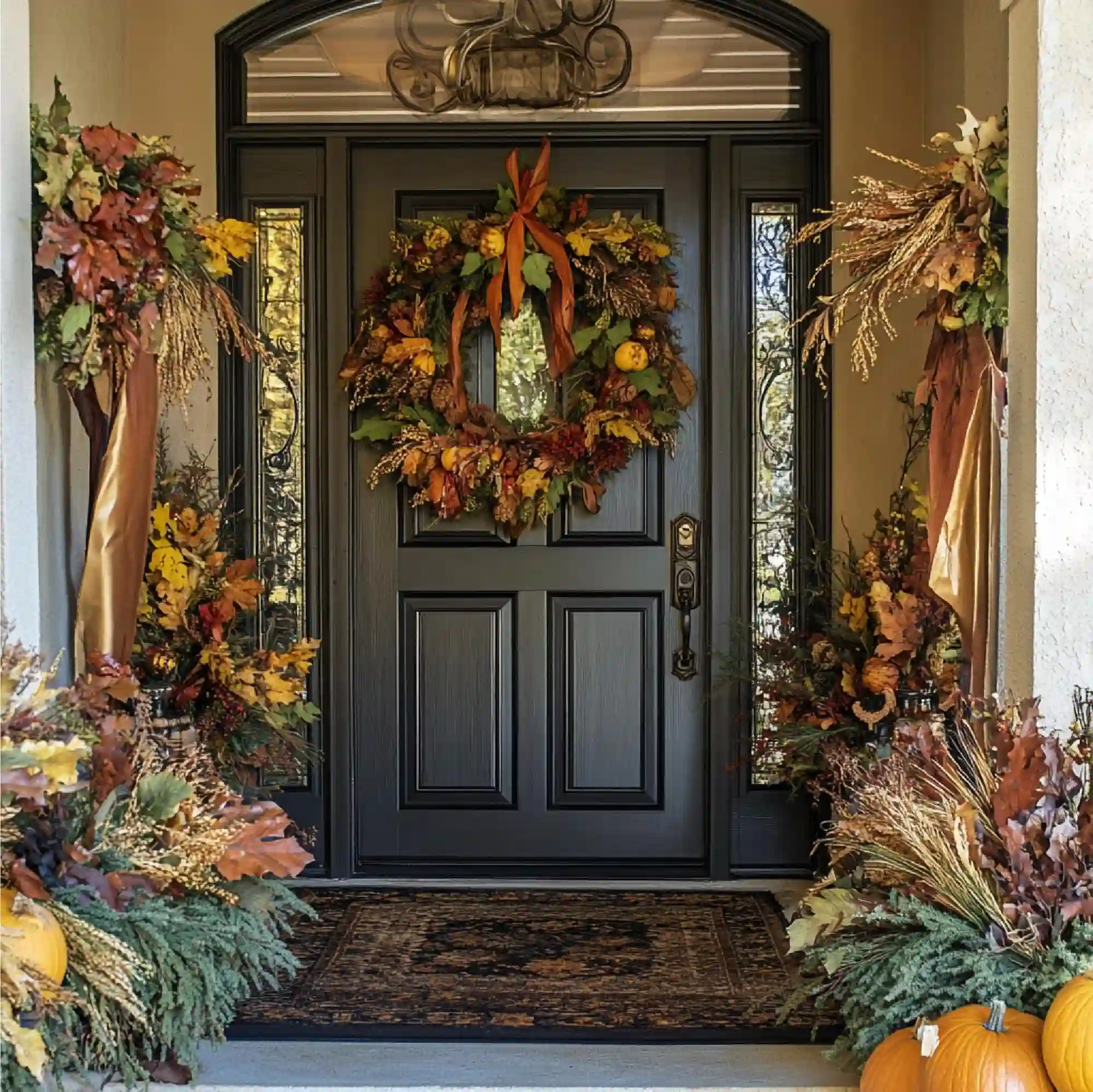 Deep olive front door with a large dried wheat and magnolia wreath and unlacquered brass hardware