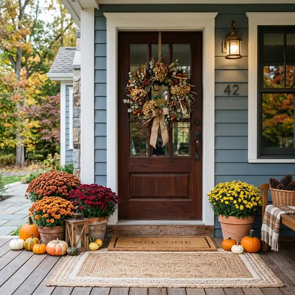 Front porch with a layered jute rug, dried wreath on the door, potted mums and small pumpkins