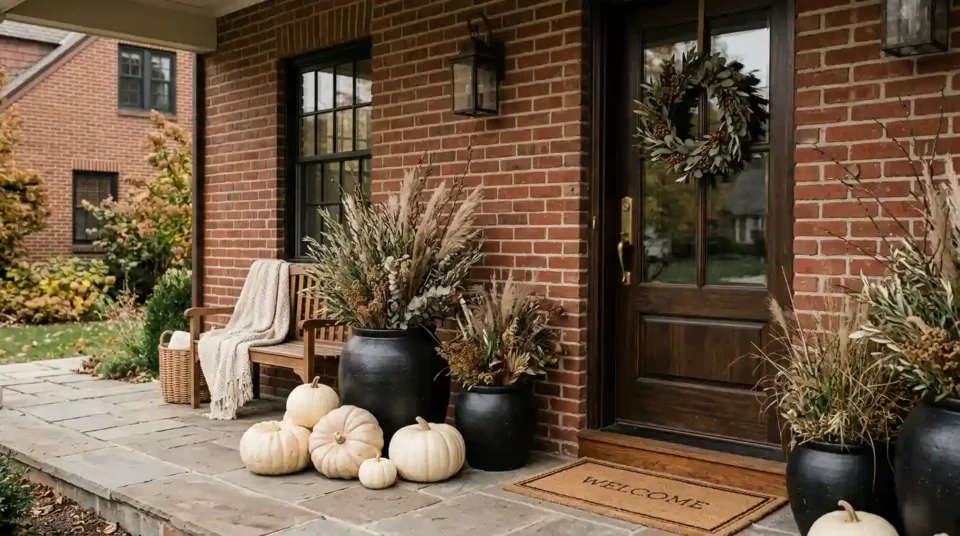 Autumn porch styled to suit a red brick home, with cream pumpkins, olive grasses and black planters