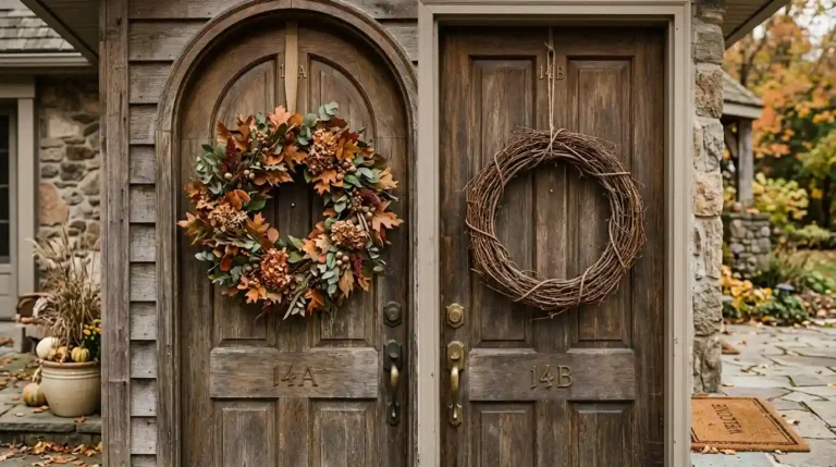 A bare grapevine wreath and a dense leaf-covered wreath hung side by side on two front doors