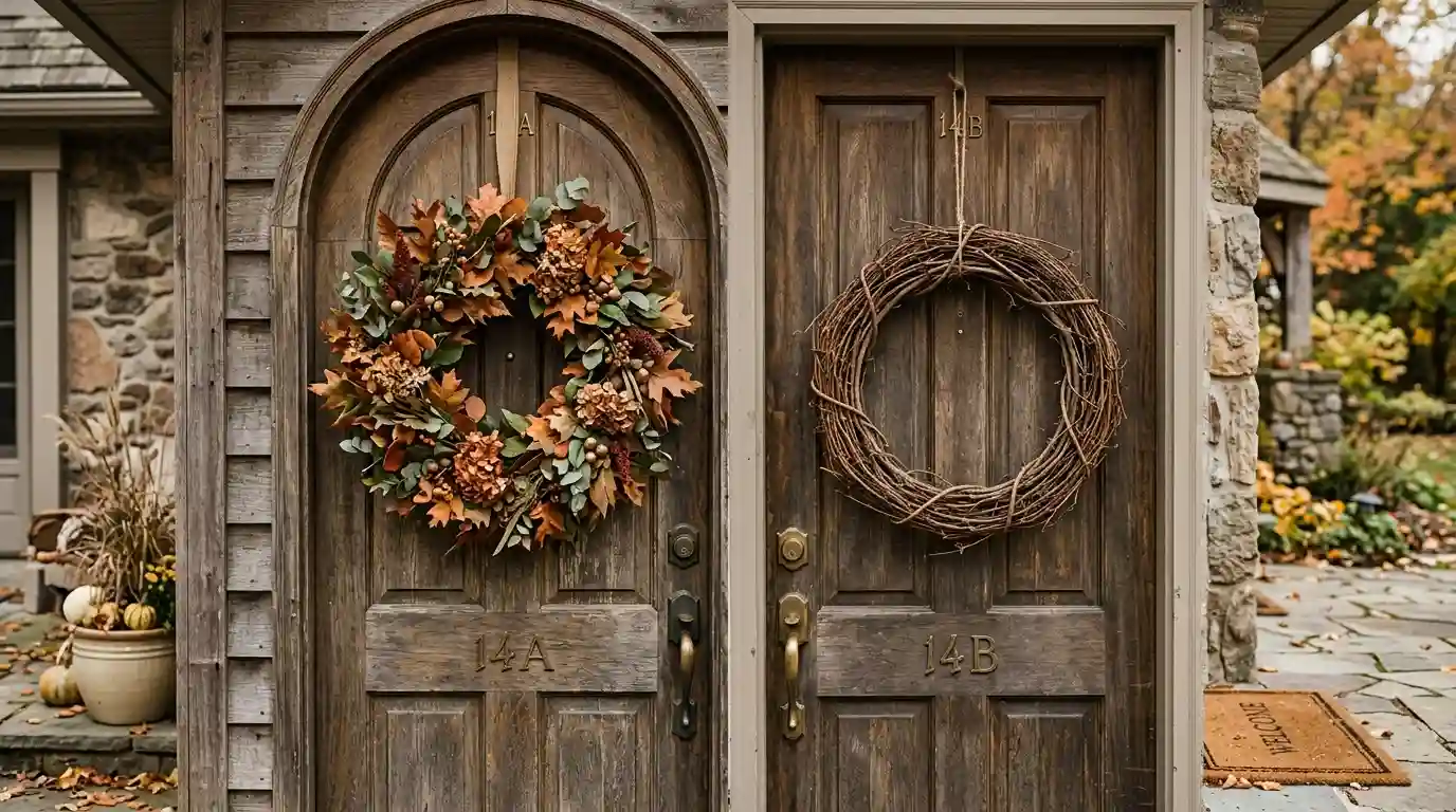 A bare grapevine wreath and a dense leaf-covered wreath hung side by side on two front doors