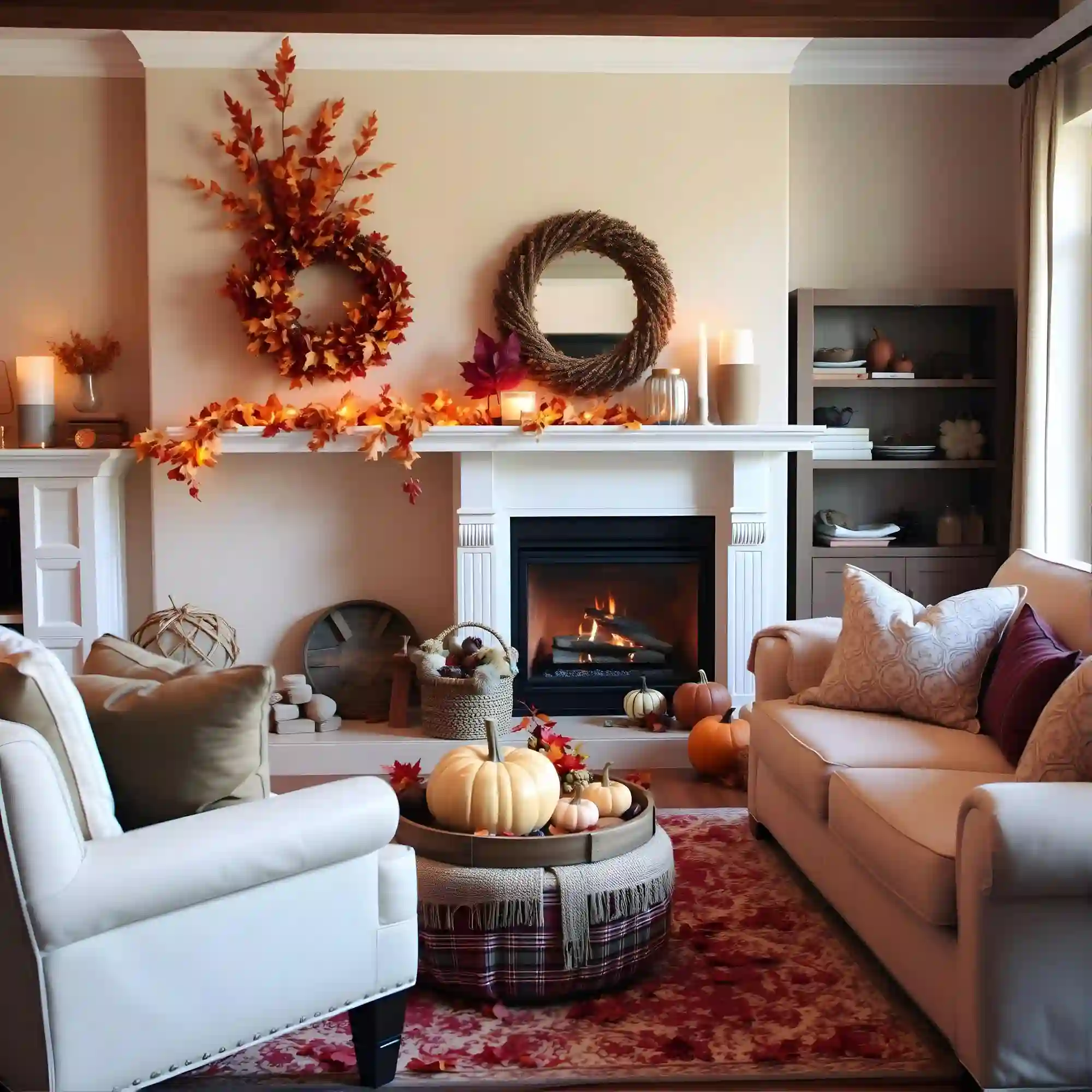 Layered autumn living room with wool throws, stoneware vases and dried grasses on a wooden coffee table