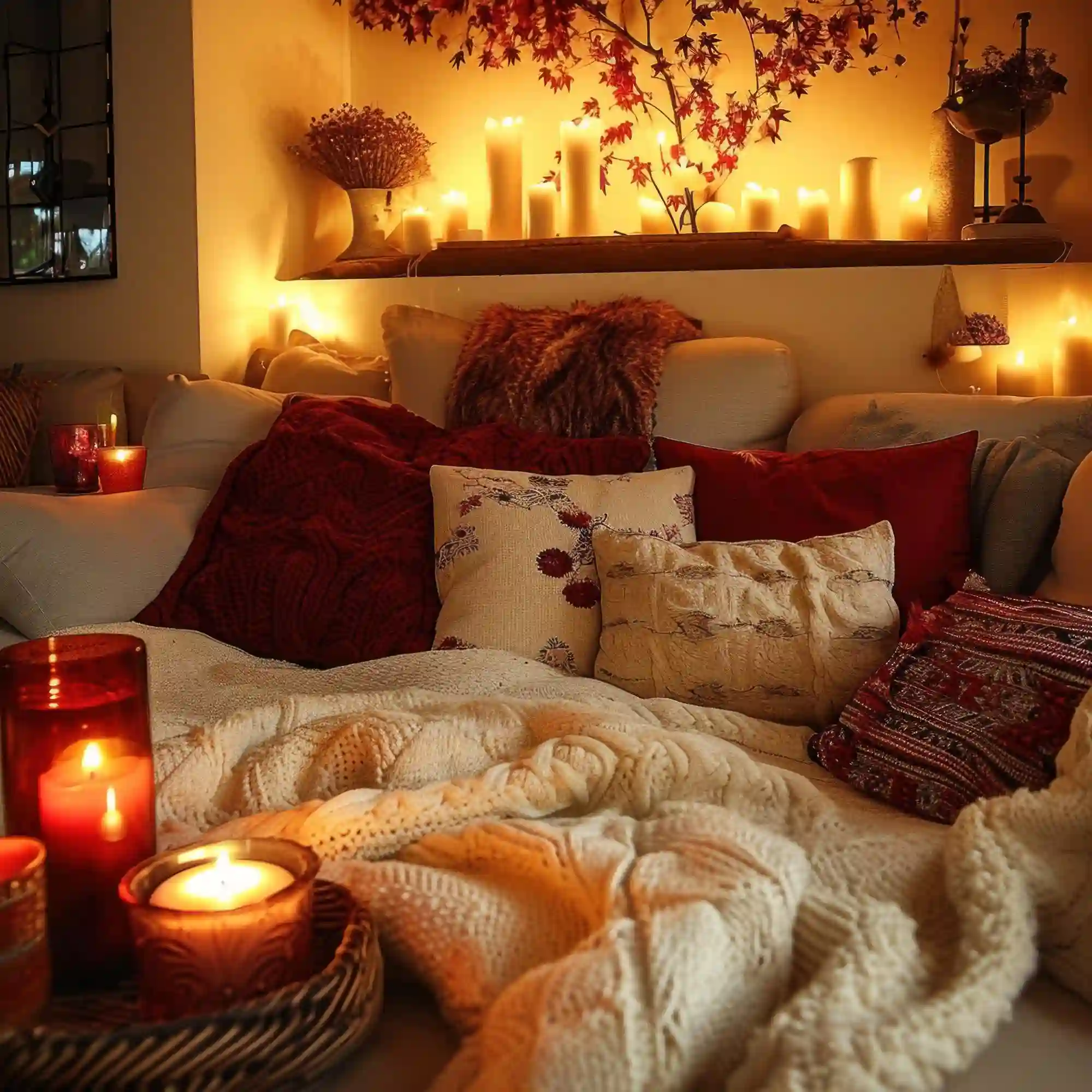 Living room at dusk lit by a warm 2700K table lamp and candles instead of overhead ceiling light