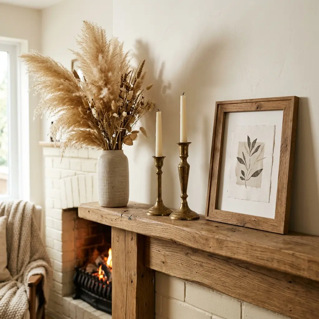 Mantel styled with a dried pampas arrangement, two brass candlesticks and a leaned wood frame