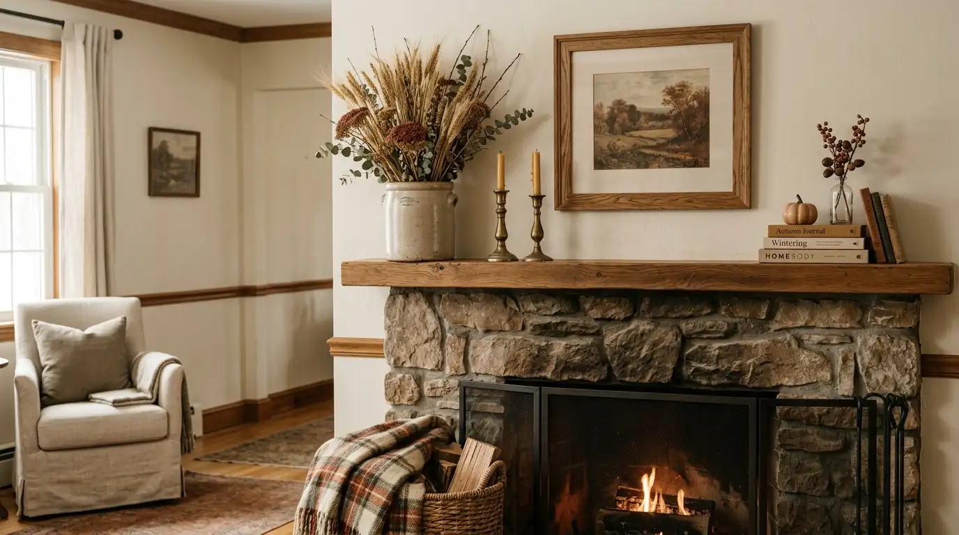 Autumn mantel styled with a stoneware crock of dried wheat, brass tapers and a leaning frame above a fireplace