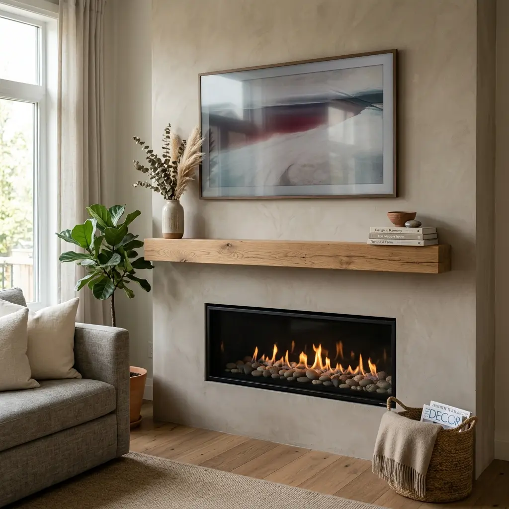 Off-center fall mantel decor beside a mounted TV with dried grasses weighted to one end below the bezel
