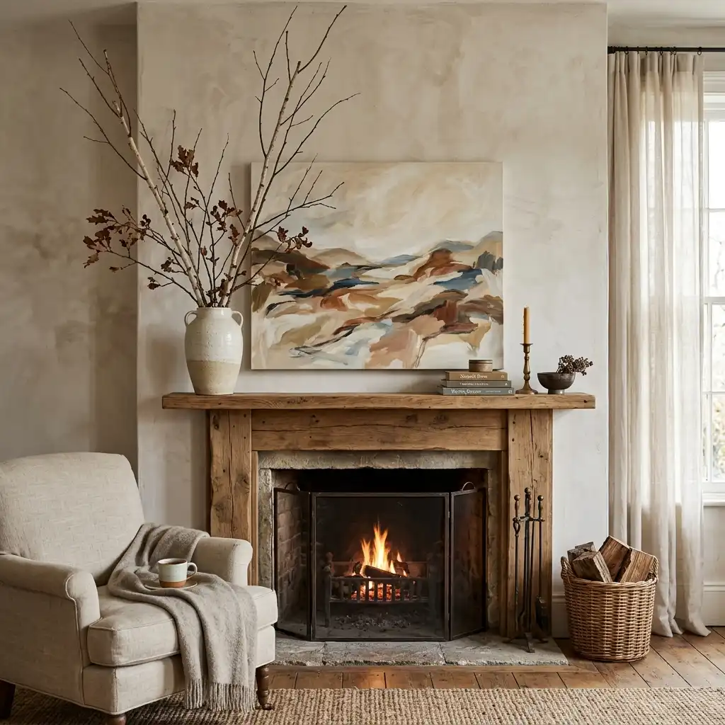 Rustic beam mantel below a large abstract landscape canvas, styled with tall bare branches in a stoneware urn, books and a single taper