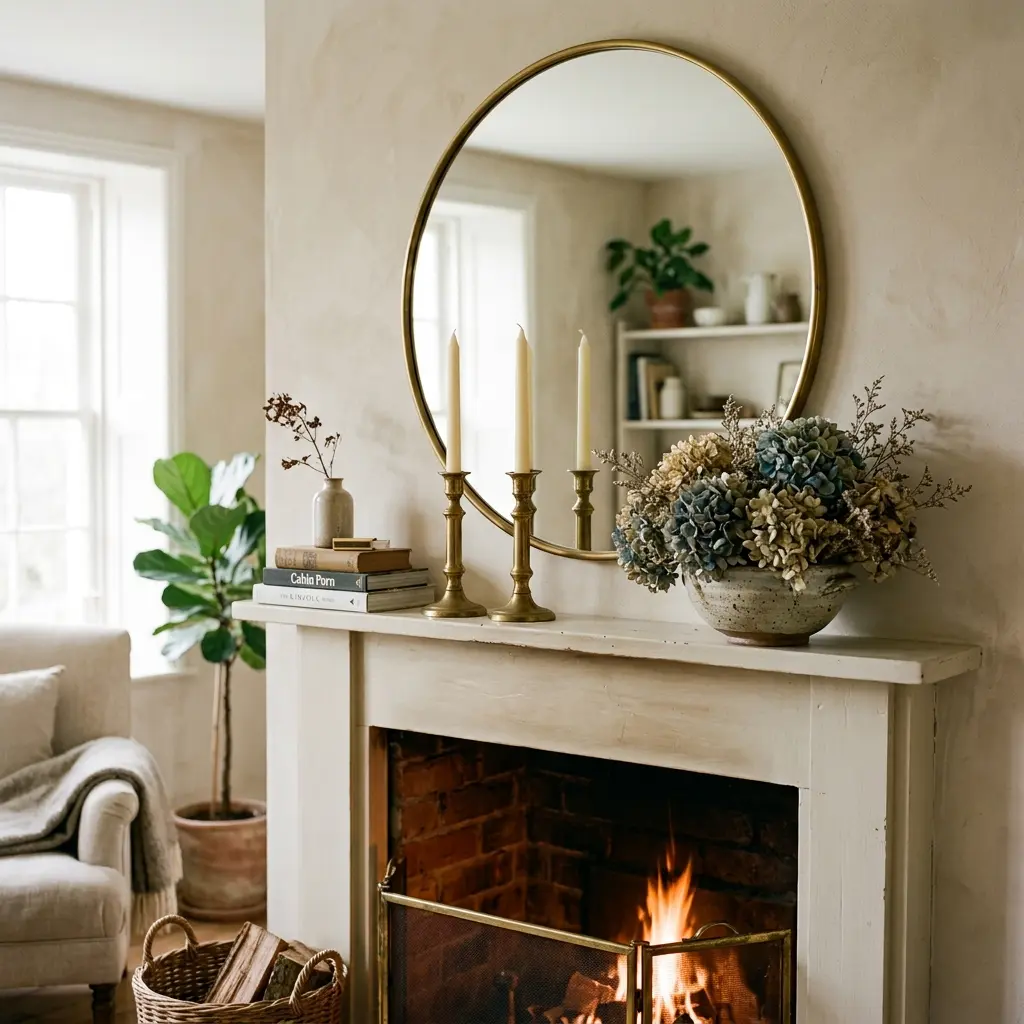 Round brass mirror above a painted mantel doubling two brass taper candles and a low bowl of dried hydrangea beside a lit fire