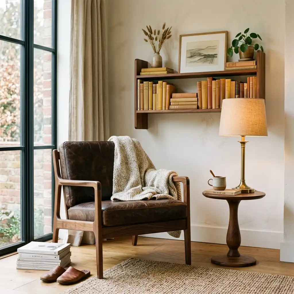 Brown leather and walnut armchair against warm white walls with a wall shelf of ochre and tan books, a brass table lamp and a knit throw