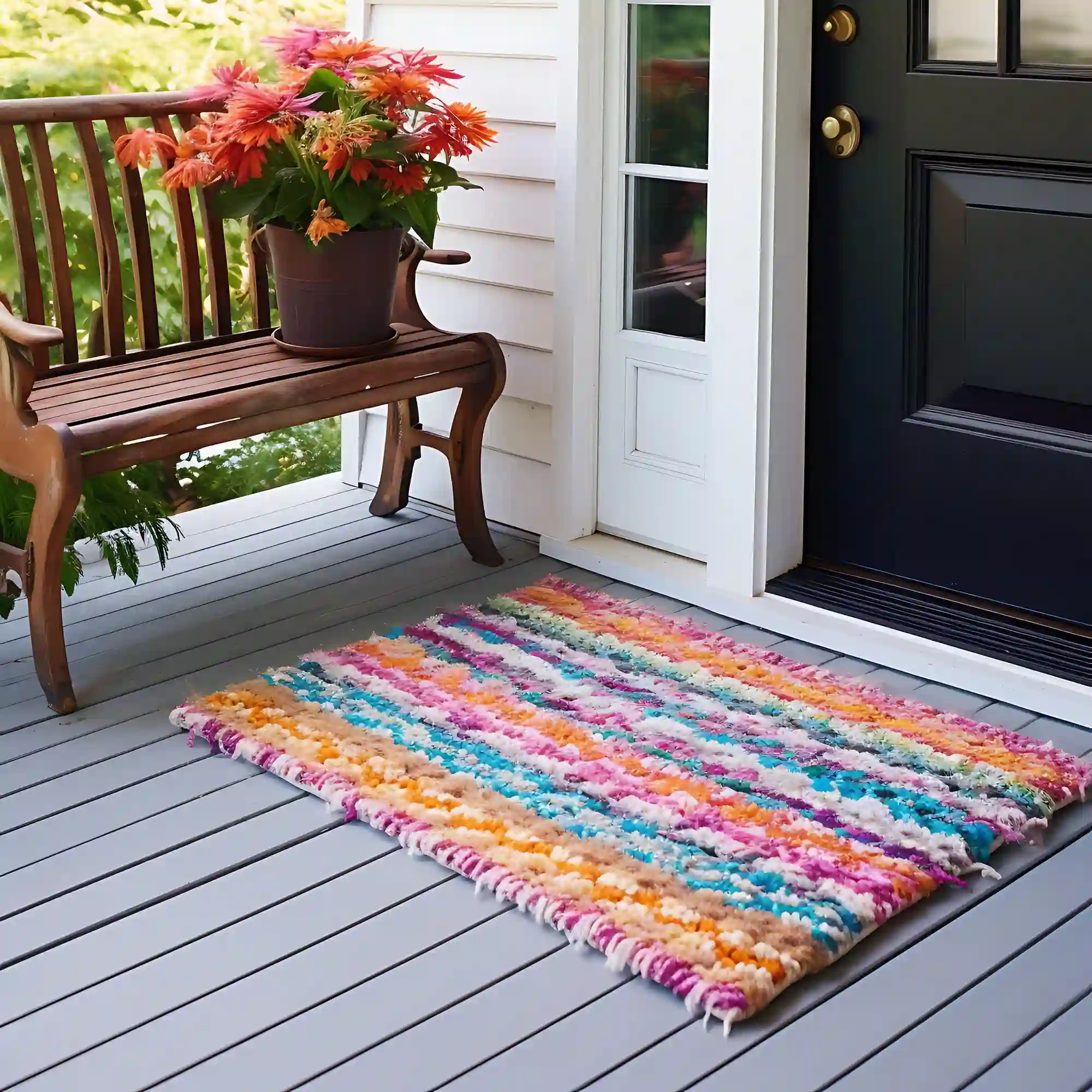 Coir doormat layered over a striped flat-woven outdoor runner filling the landing in front of a wide entry door
