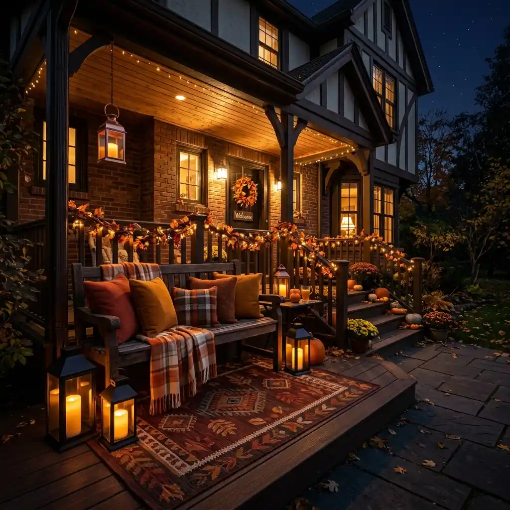 Warm lantern glow on a wooden porch side table with a folded knit throw and a small white pumpkin