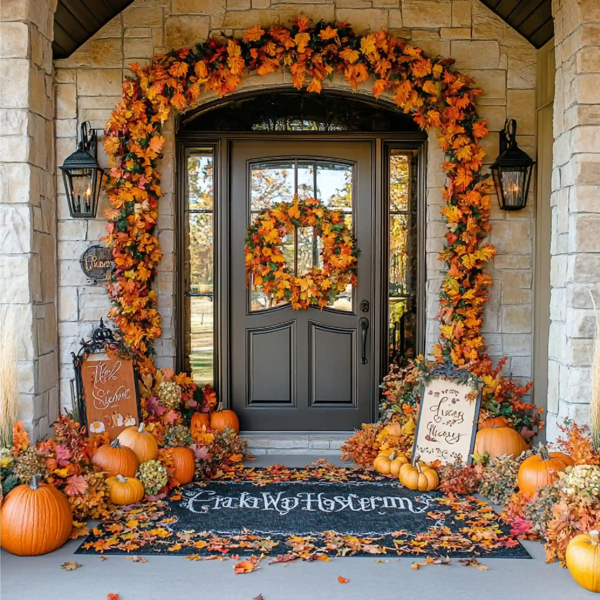 Tired late-October porch with browning mums and softened pumpkins sitting directly on damp wooden boards