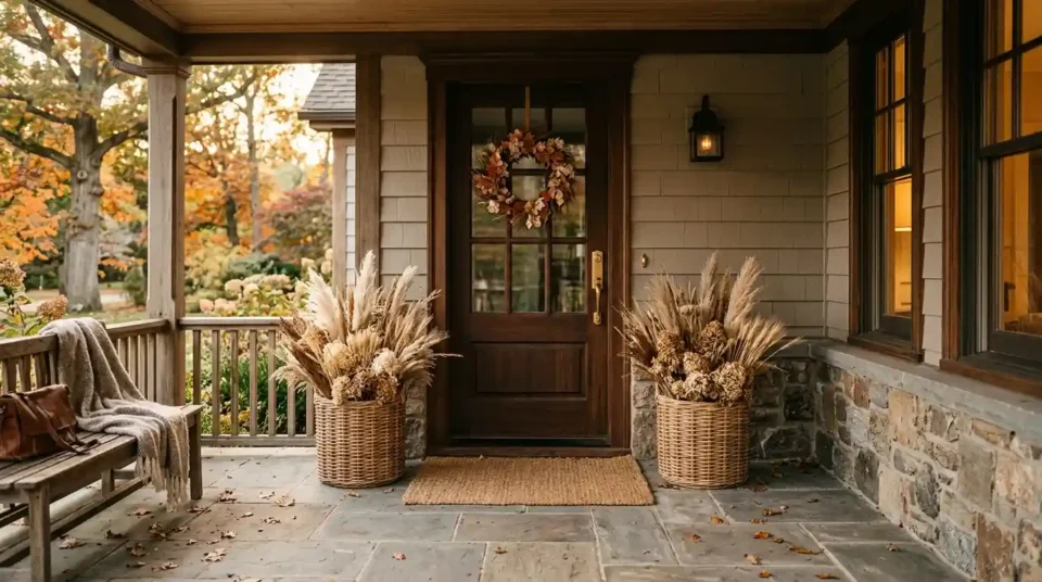 Autumn front porch styled in one warm neutral palette with matching woven planters, dried grasses and a plain doormat