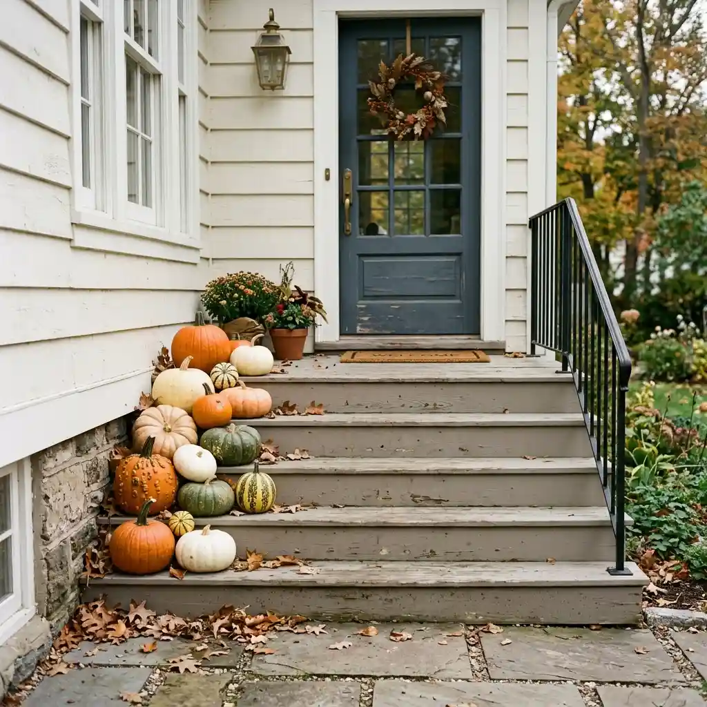 Porch steps with a measured cluster of pumpkins on one side and a clear walking path on the other