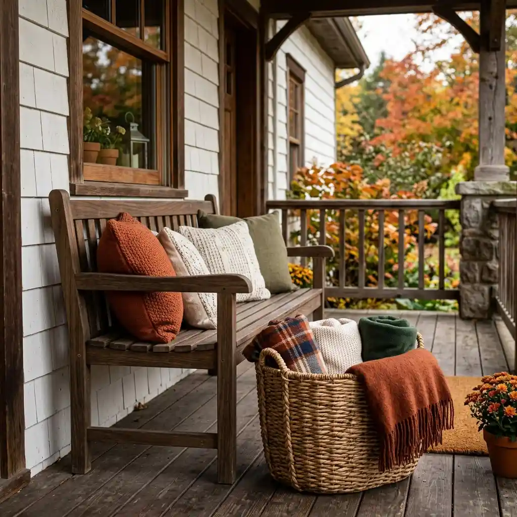Porch bench with outdoor cushions beside a woven basket holding folded autumn blankets
