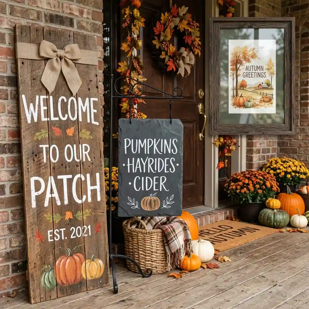 Styled porch corner with a painted board, woven doormat, planter and lantern in warm neutral tones