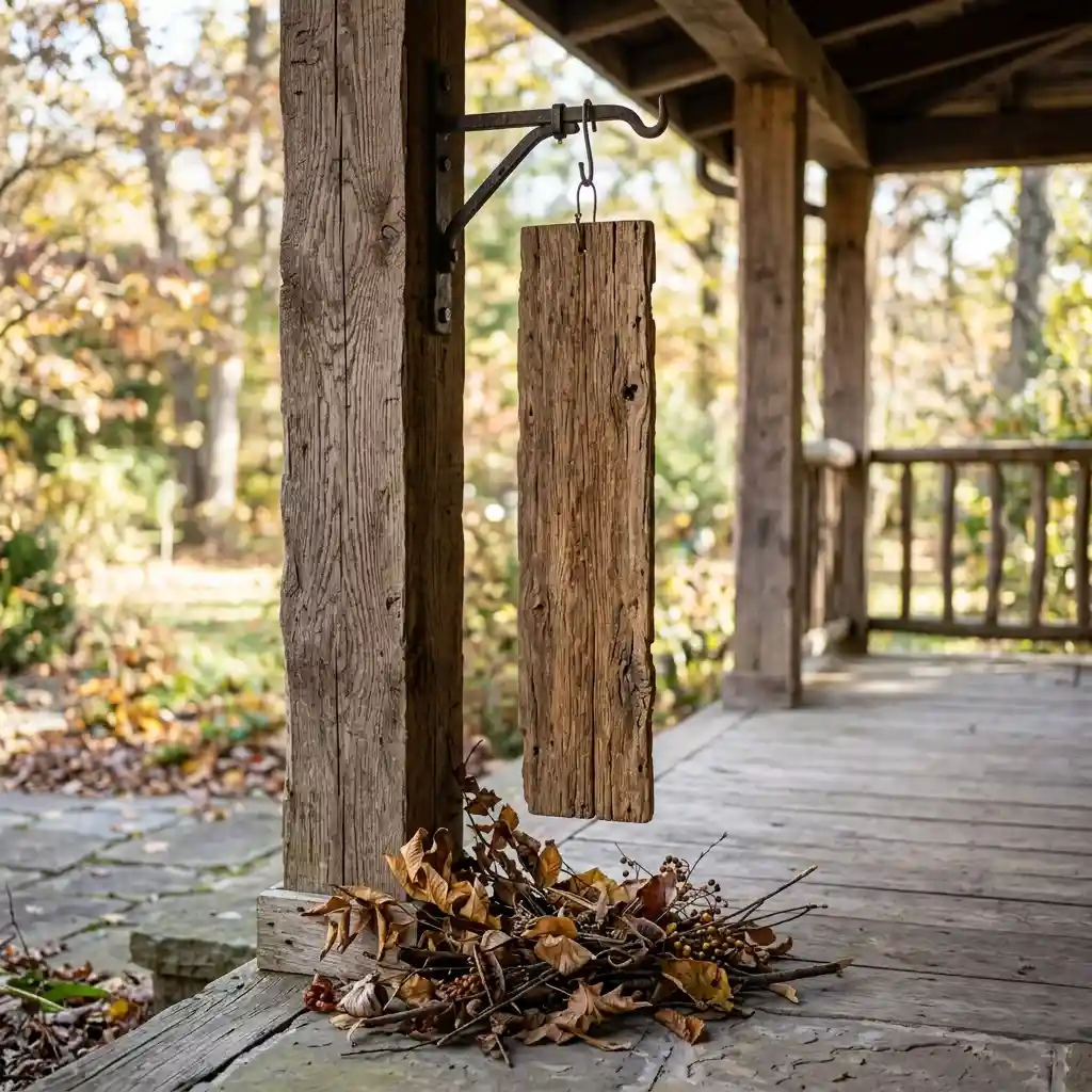 Tall wooden autumn sign leaning against siding next to a dark front door with a dried wreath