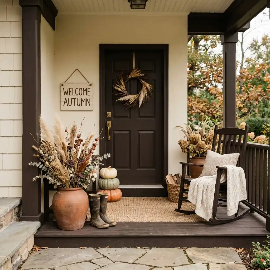 Small store-bought seasonal sign next to a much taller wood board on the same porch step