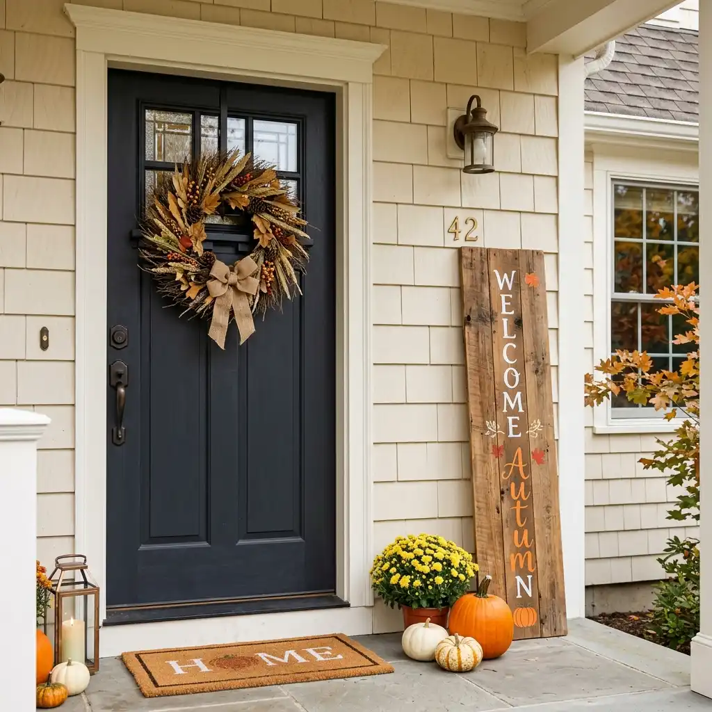 Several autumn porch sign styles shown together including a plank, a slate panel and a framed print