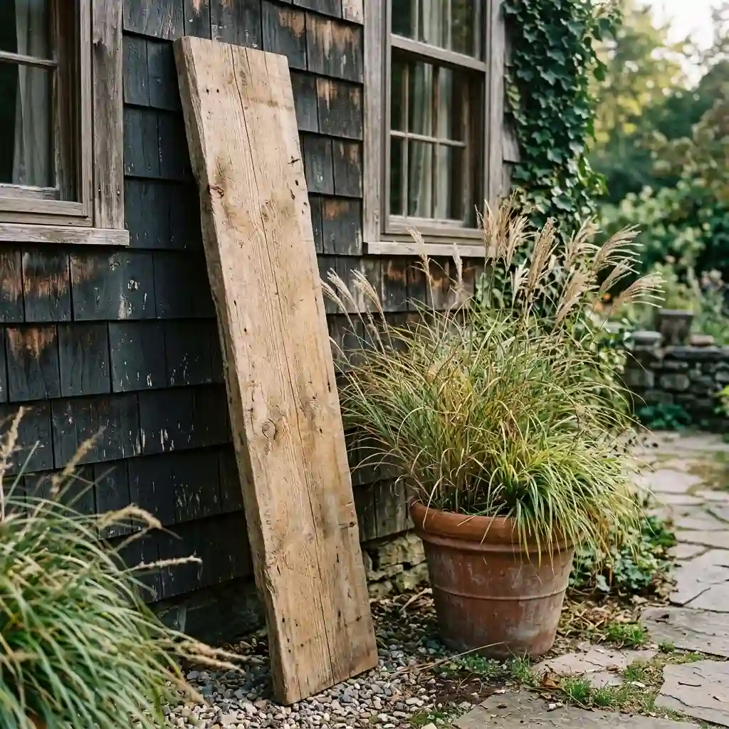 Warm neutral autumn porch in cream, clay and espresso with a plain painted sign and dried stems
