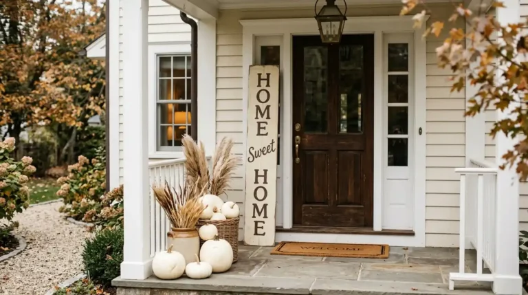 Front porch entry with a tall cream painted wood sign leaning beside the door, white pumpkins and dried grasses