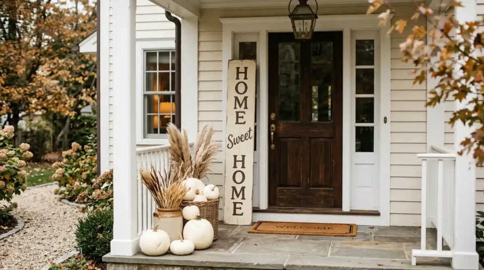Front porch entry with a tall cream painted wood sign leaning beside the door, white pumpkins and dried grasses