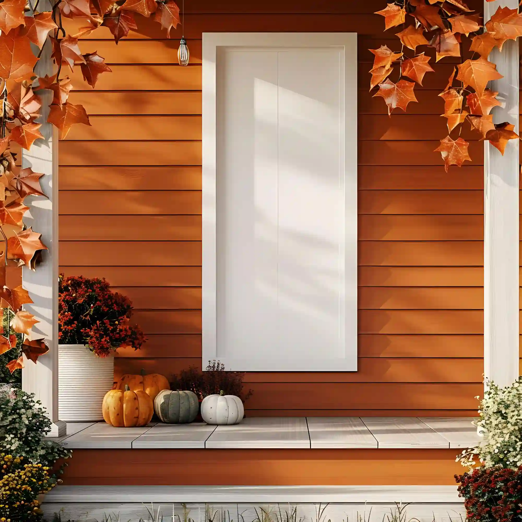 Fall porch decor built in three layers with a rug on the floor, wreath on the door, and grasses at hip height