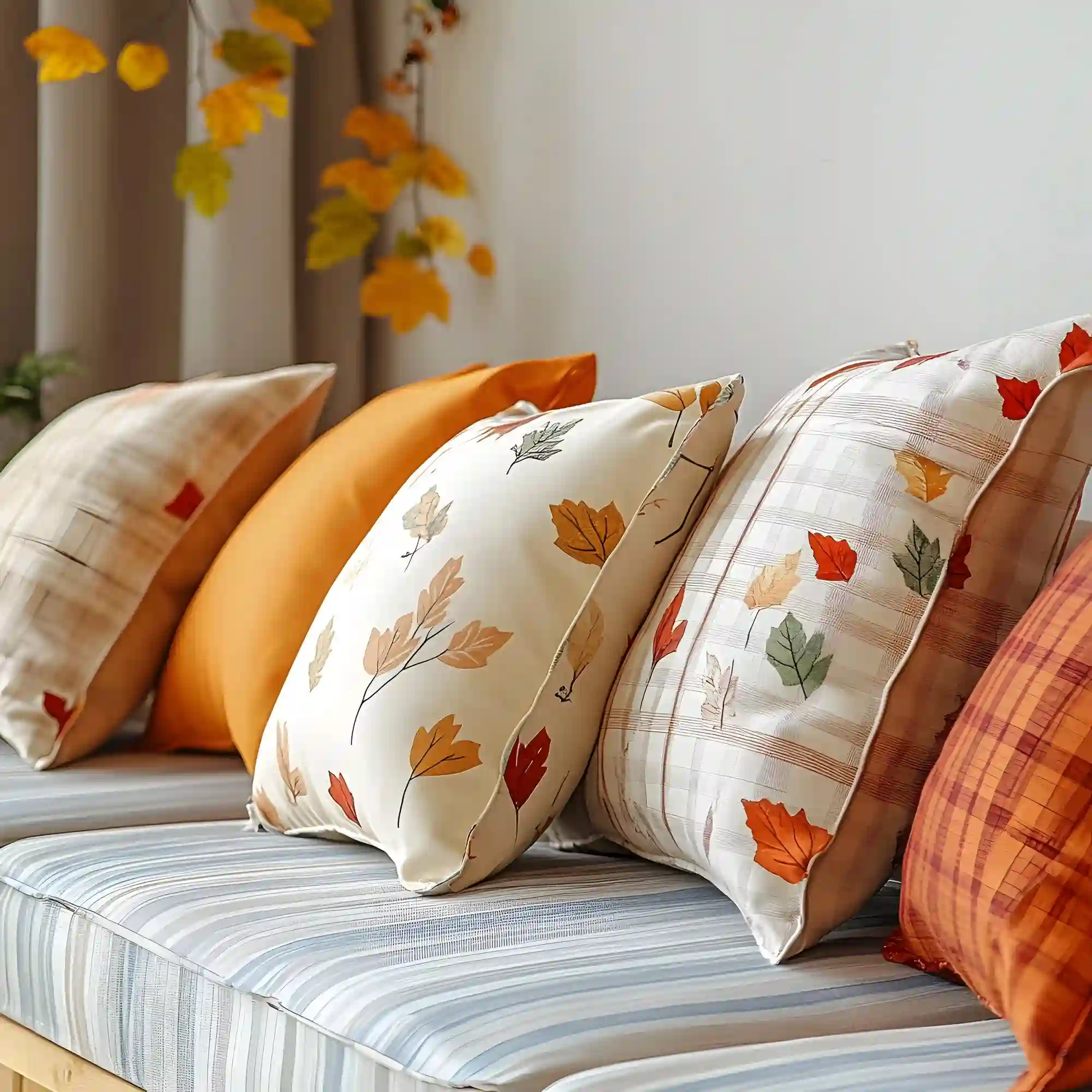 Cream sofa styled with boucle and wool pillow covers in camel and rust plus one heavy knit throw over the arm