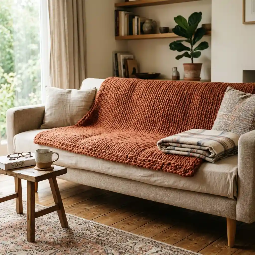 Rust chunky knit throw draped across a cream sofa with a folded plaid blanket, a small wooden side table, mug and book
