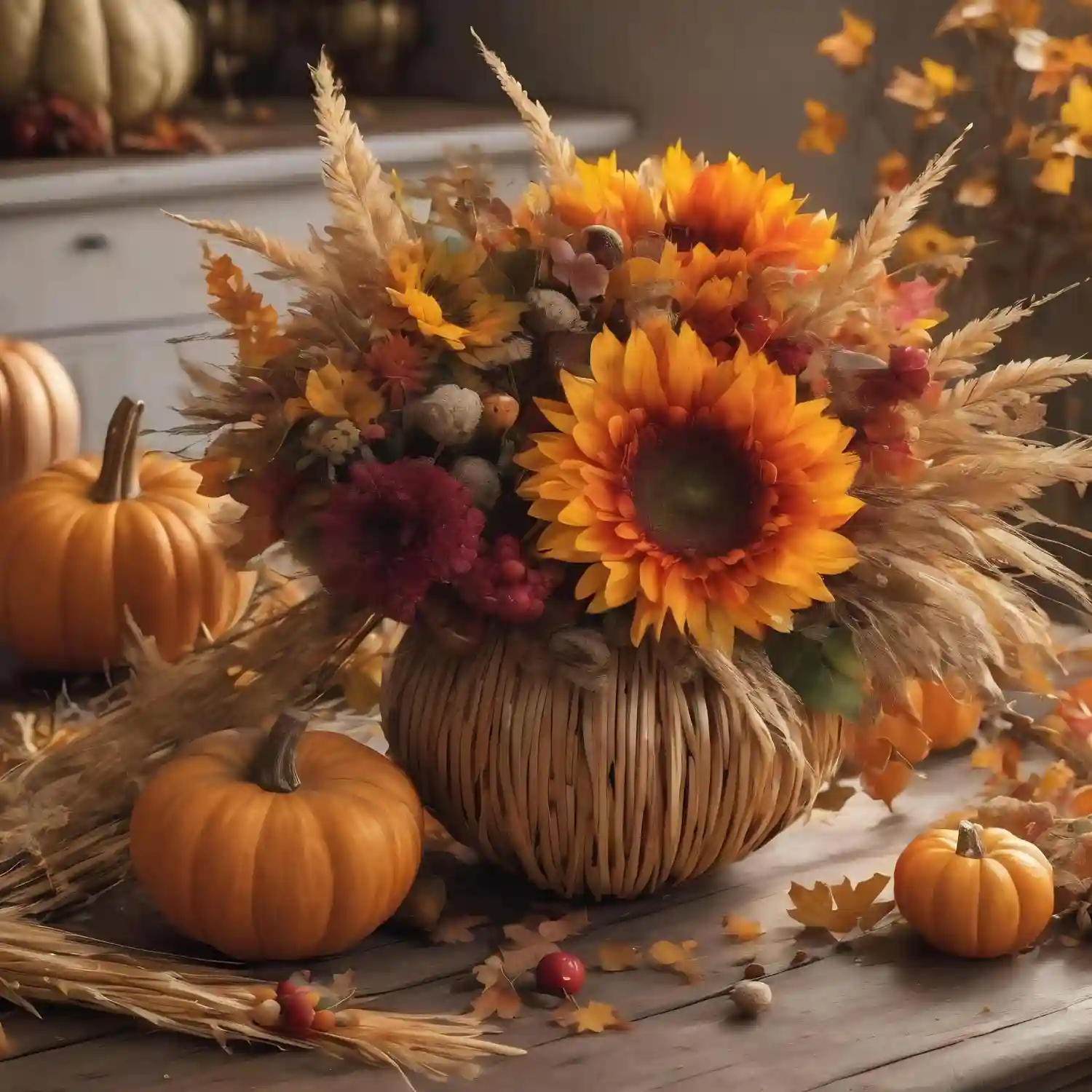 Cream and oat fall table at a glance with a low centerpiece, linen runner, and lit taper candles