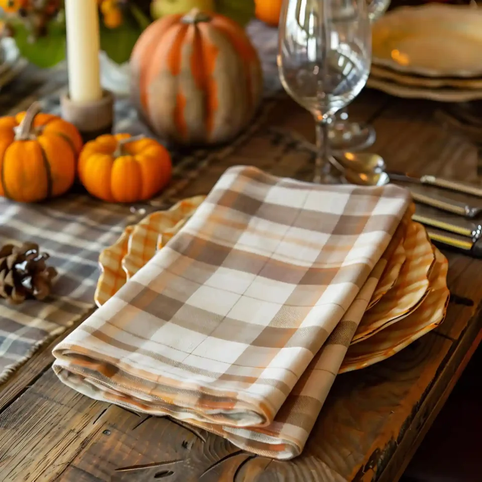 Warm neutral autumn dining table with cream linen runner, stoneware plates, taper candles, and dried wheat