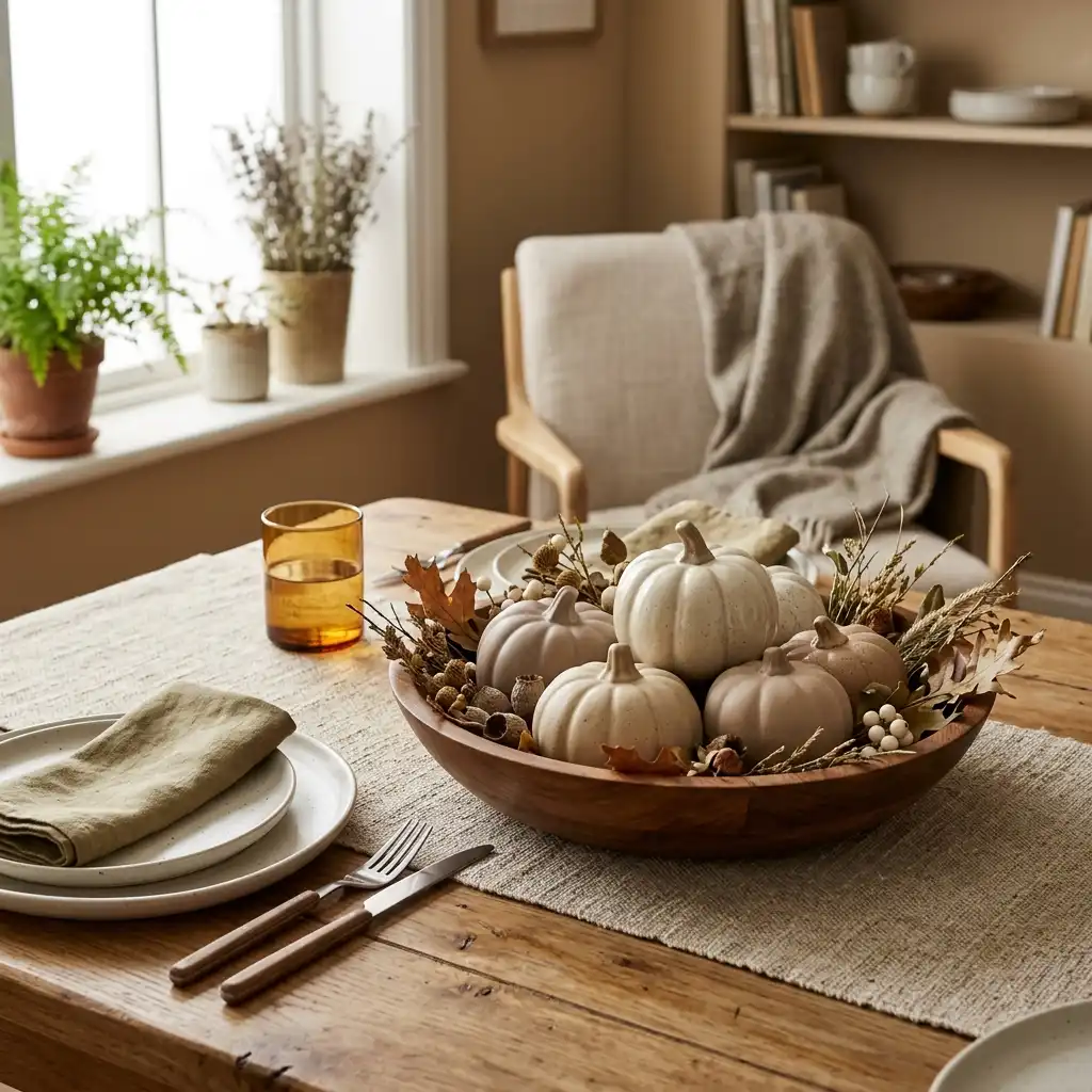 Wooden dough bowl of cream and taupe ceramic pumpkins with acorns and dried oak leaves as a low centerpiece on a linen runner, beside a place setting with an olive napkin