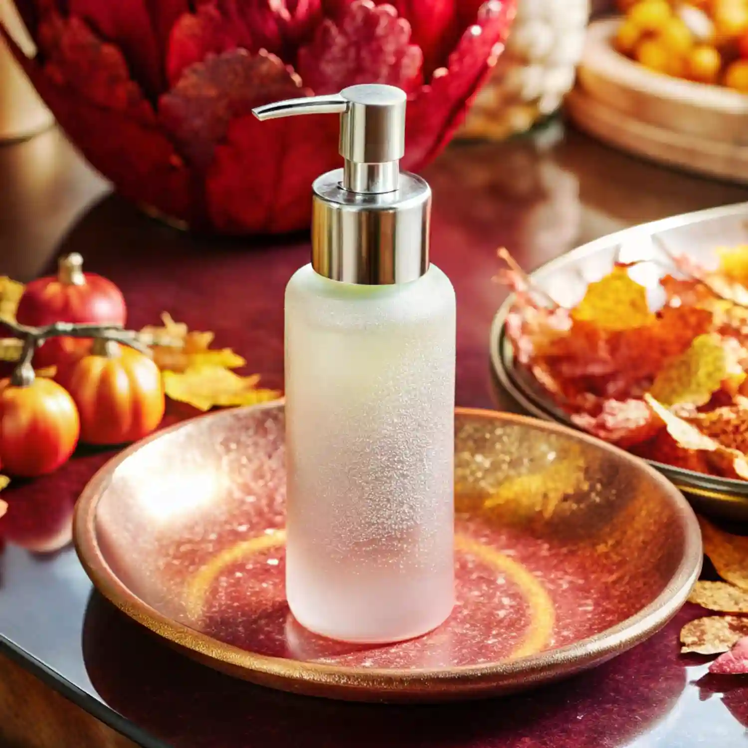 Matte ceramic tray on a bathroom counter holding an amber soap bottle, dish, and short candle