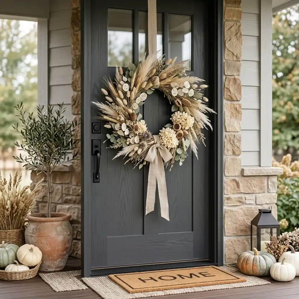 Modern muted dried wreath of pampas, bunny tail and preserved eucalyptus on a charcoal front door beside an olive tree and pale pumpkins