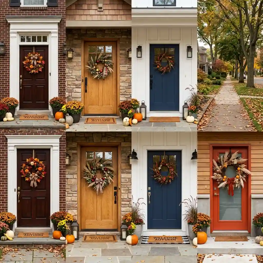 Grid of front door styles across brick, stone, board-and-batten and clapboard homes, each with a differently scaled fall wreath