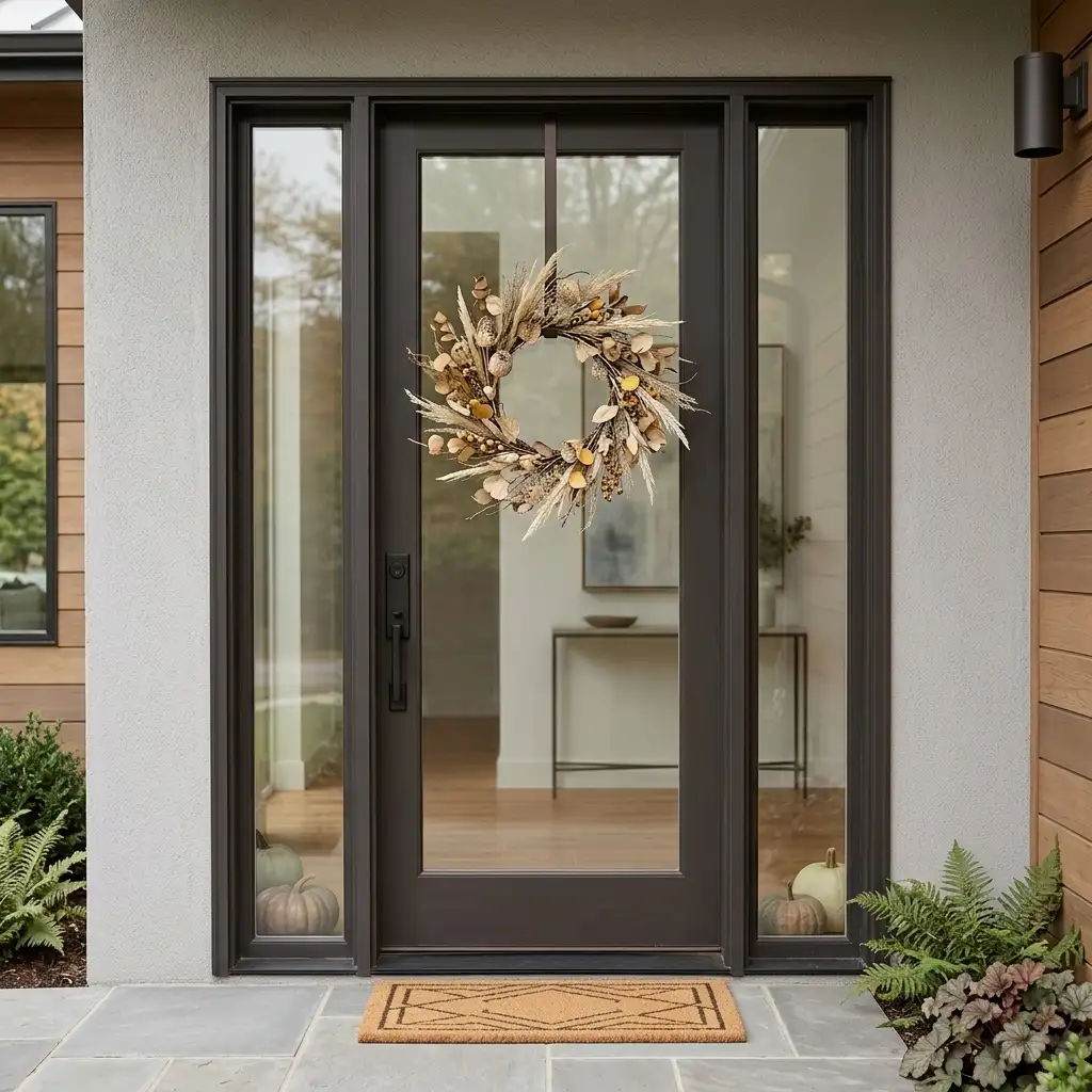 Dried fall wreath centred on a full-glass front door flanked by narrow sidelights on a modern entry