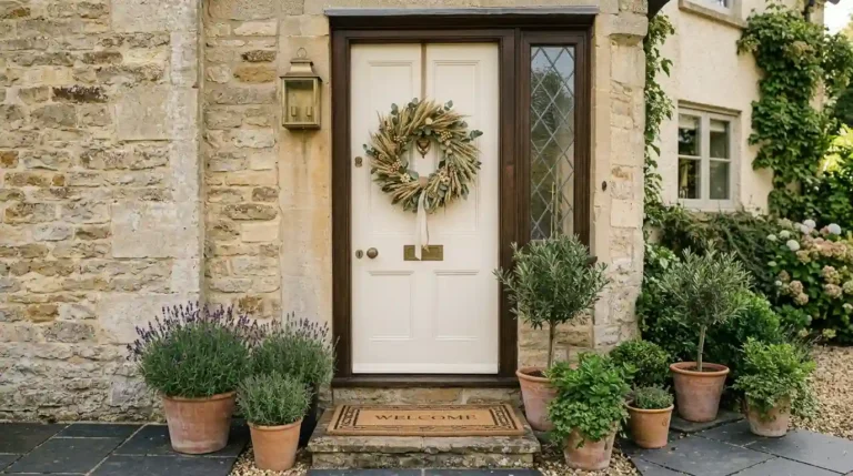 Dried wheat and eucalyptus wreath hung on a warm white front door with a woven doormat below
