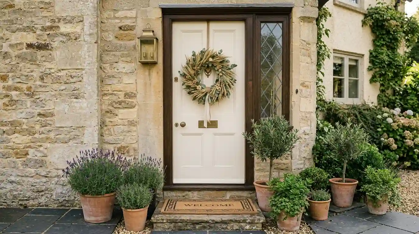 Dried wheat and eucalyptus wreath hung on a warm white front door with a woven doormat below