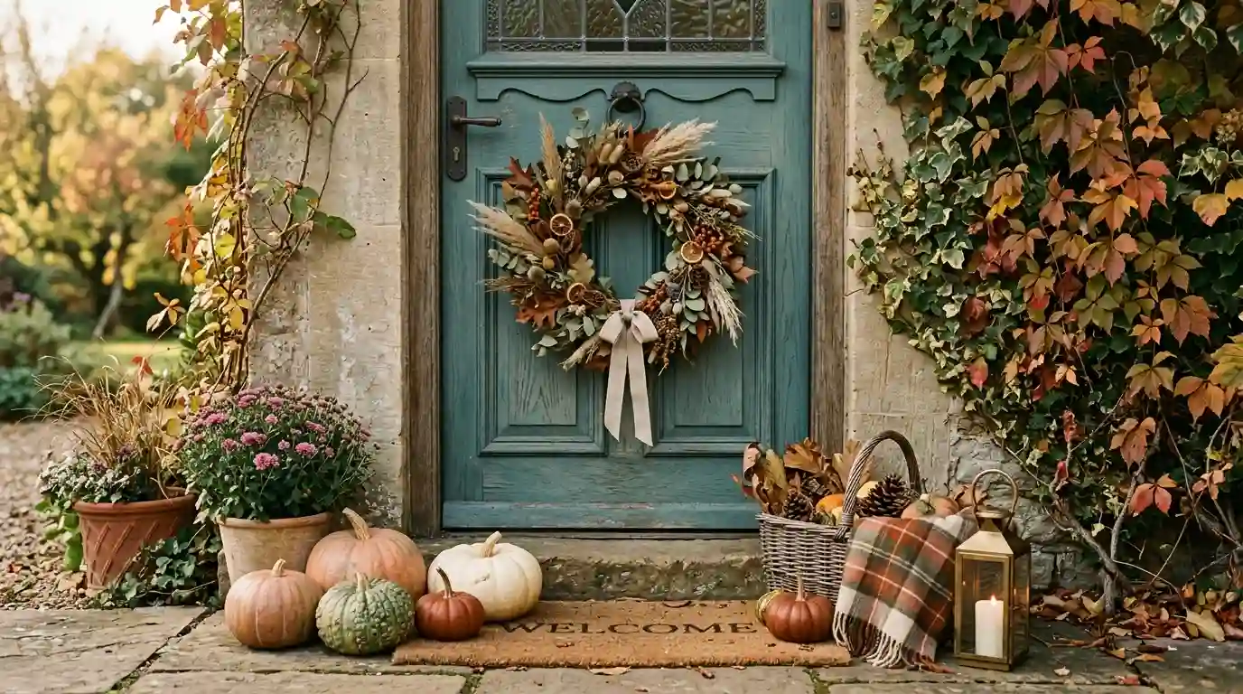Front door styled for autumn with a mixed dried-stem wreath and warm pumpkin accents on the step