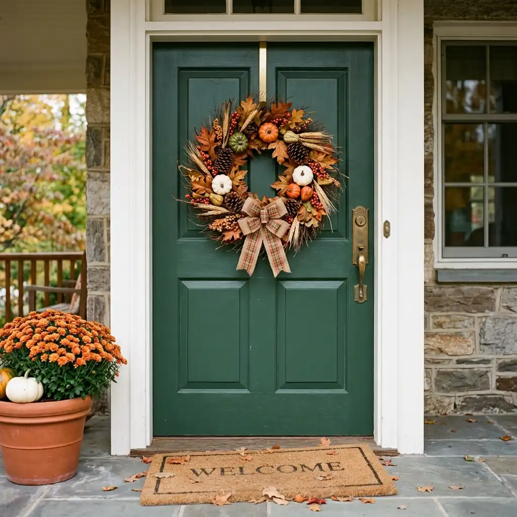 Fall wreath on a deep green painted wood front door with a brass handleset, orange mums and a WELCOME mat