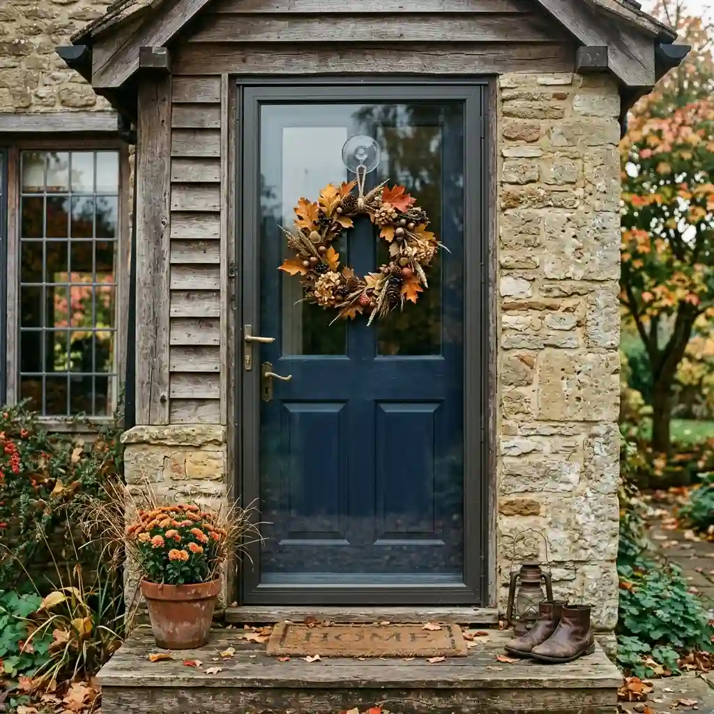 Fall wreath hung with a clear suction-cup hanger on a navy glass storm door of a stone cottage, with a pot of mums and a HOME doormat