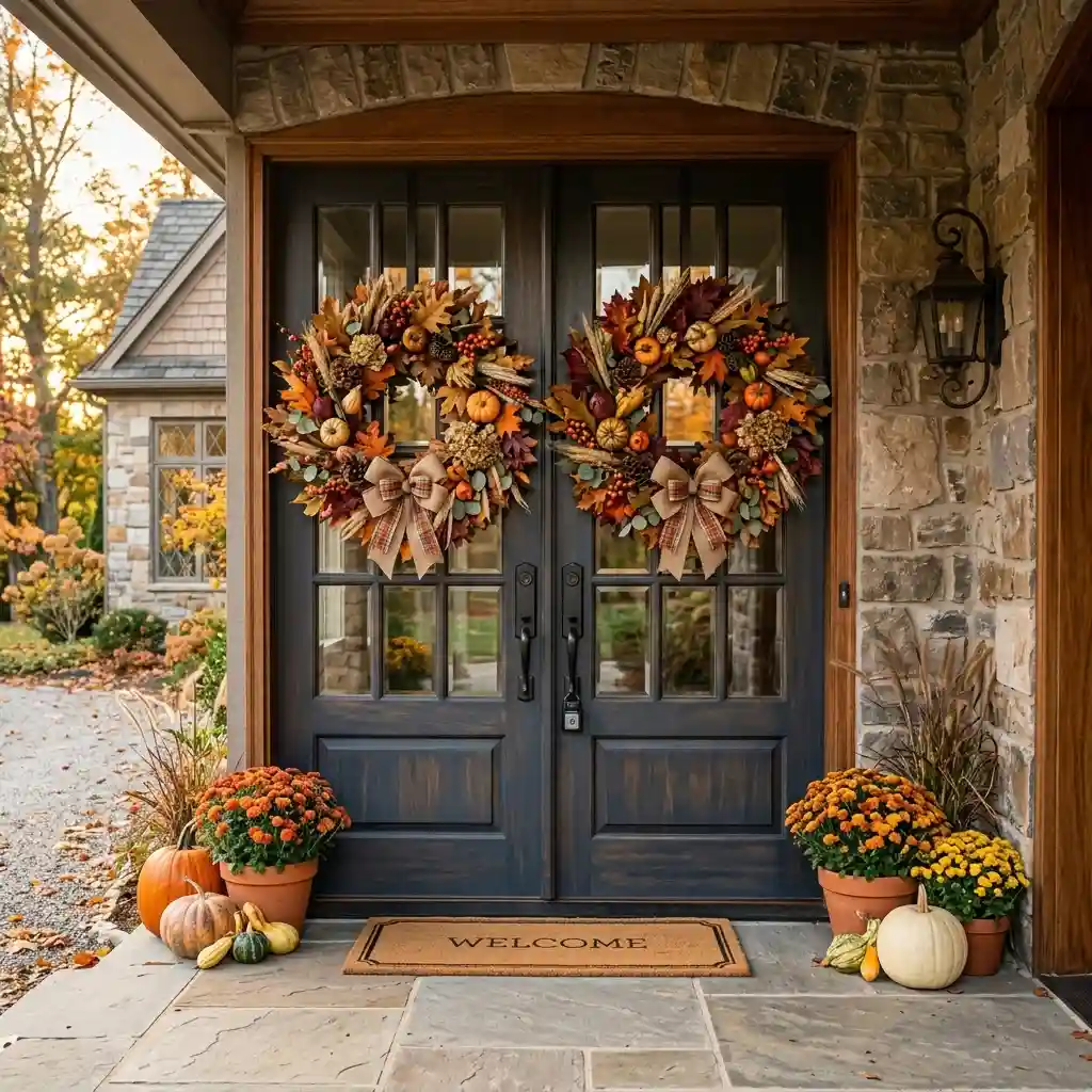 Matching pair of oversized fall wreaths on double wood front doors with mums, pumpkins and a WELCOME mat