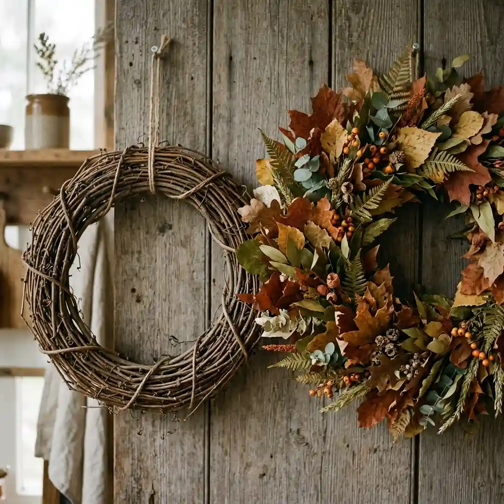 Bare grapevine wreath base hanging beside a dense leaf-covered fall wreath on a weathered wood wall