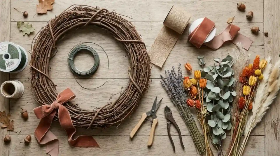 Flat lay of wreath-making tools including a grapevine base, paddle wire, dried stems, and ribbon